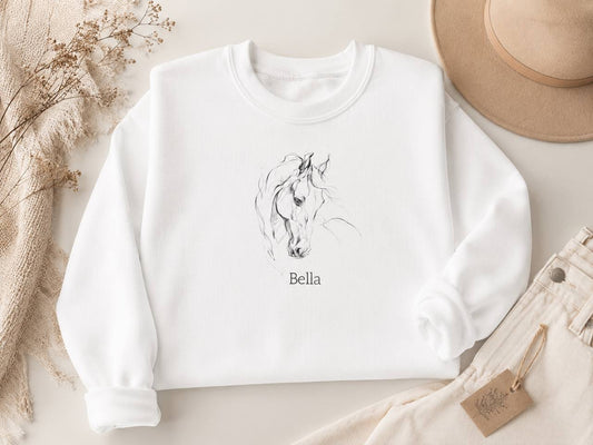 Custom Horse Portrait Sweatshirt – Personalised Minimalist Equestrian Crewneck | Horse Lover Gift