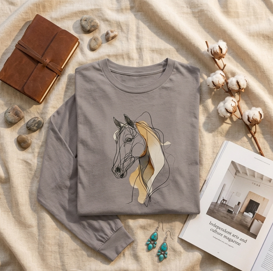 Minimalist Horse Art Long Sleeve Shirt – Neutral Equestrian Graphic Tee for Horse Lovers