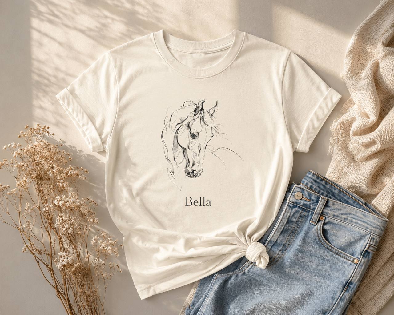 Custom Horse Sketch T-Shirt – Personalized Minimalist Line Art Tee | Equestrian Gift