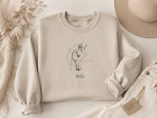 Custom Horse Portrait Sweatshirt – Personalised Minimalist Equestrian Crewneck | Horse Lover Gift