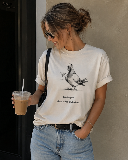No Thoughts. Just Vibes and Olives. – Funny Pigeon Graphic Tee | Odd Birds Collection