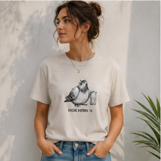 Social Battery: 1% – Funny Pigeon Graphic Tee