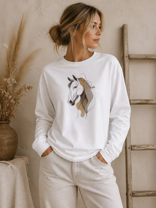 Minimalist Horse Art Long Sleeve Shirt – Neutral Equestrian Graphic Tee for Horse Lovers